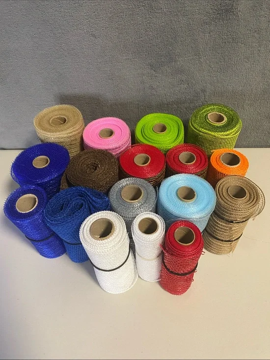 Lot of 17 Rolls of Opened and Used Deco Polymesh and Burlap