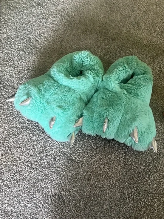 Justice Kids Plush Monster Slippers - Mint Green with Silver Claws