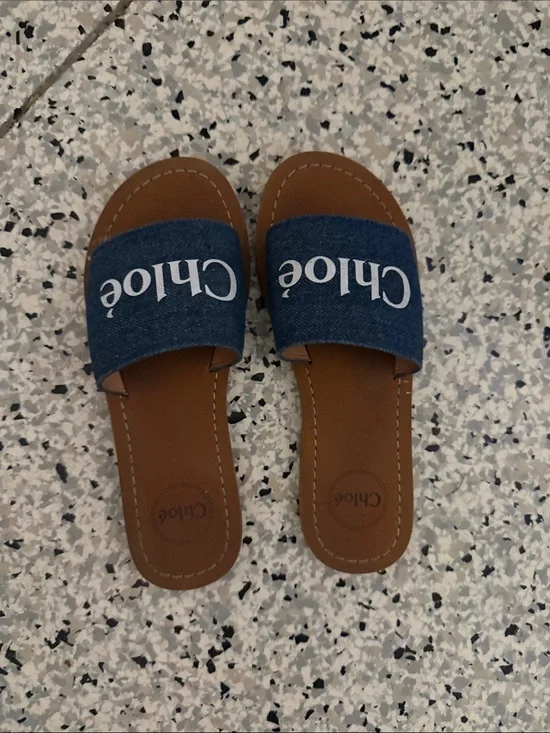Chloé Denim Logo Slide Sandals - Blue & Brown