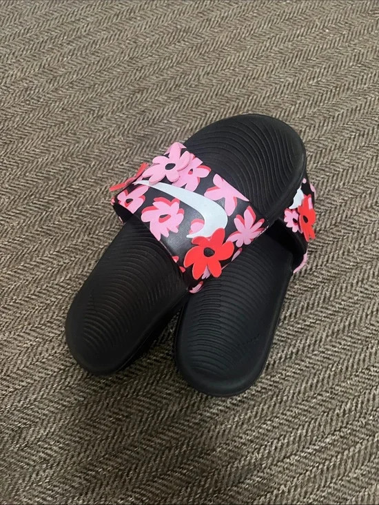 Nike Black Slide Sandals with Pink & Red Floral Strap