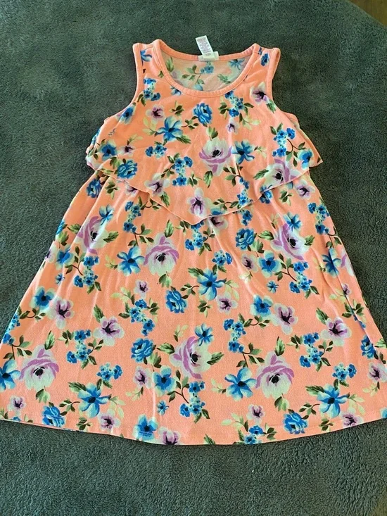 Justice Peach Floral Ruffle Tank Dress with Blue & Purple Blooms