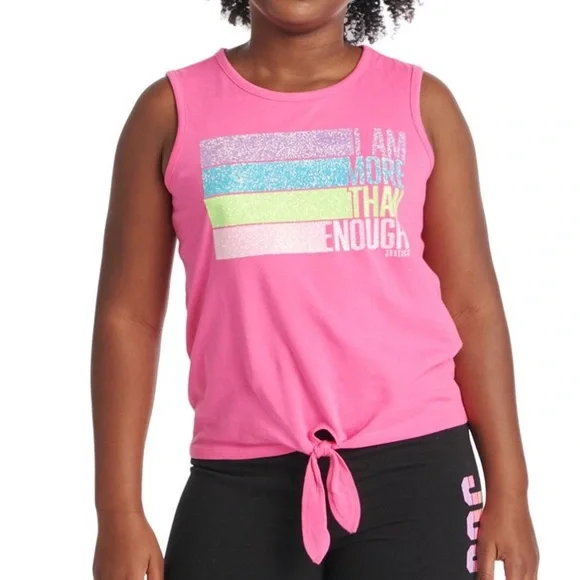 Justice Girls Pink “I Am More Than Enough” Glitter Graphic Tank Top - NWOT