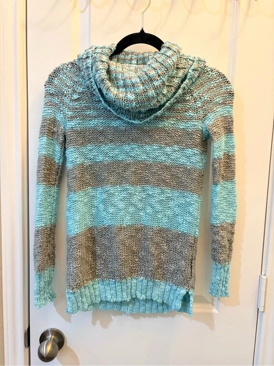 Justice Girls’ Striped Hooded Knit Sweater - Turquoise and Gray Size 10