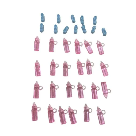 36pc Miniature Baby Shower Favors Pink Plastic Bottles and Blue Booties Set