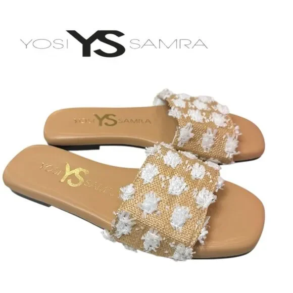 New Yosi Samra Miss Reese White Pom Raffia Slide Sandals 12 12C