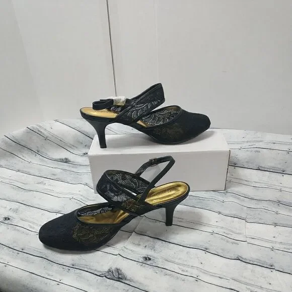 Angel Steps Womens Black Ankle Strap SZ 11W Sandle 2.5in Heel