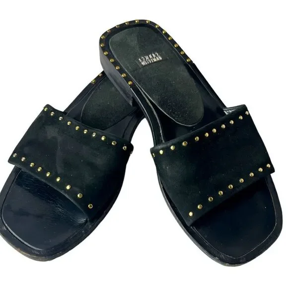Stuart Weitzman Gorgeous Black Suede Slides Embellished in Gold Grommets Sz 5