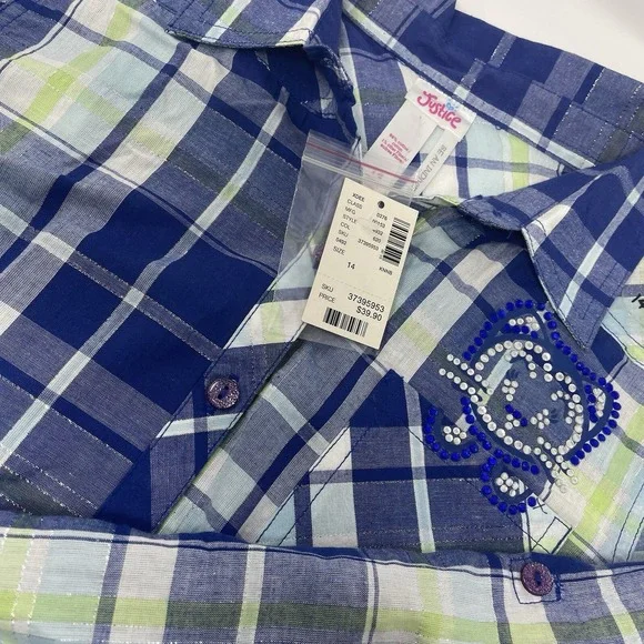 NWT Girls Shirt Top‎ Blue Plaid Roll Tab Long 3/4 Sleeve Cowgirl Cottage Prairie