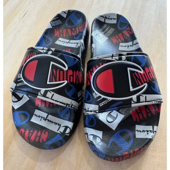 Champion Kids Repeat Logo Slide Sandals Red White‎ Blue Size 1Y Sporty Steetwear