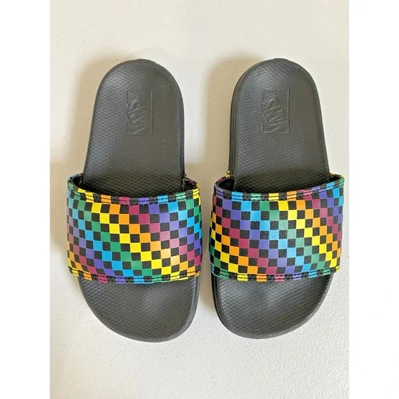 Vans Kids Unisex Slides Sandals Black Rainbow Checkerboard Size 13 Padded Retro‎