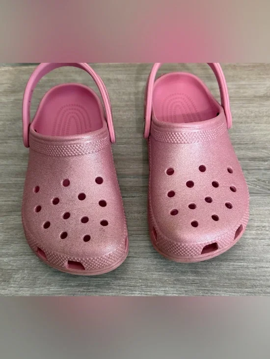 CROCS Glitter Pink Slip-On Waterproof Lightweight Clog Sandals Shoes 2