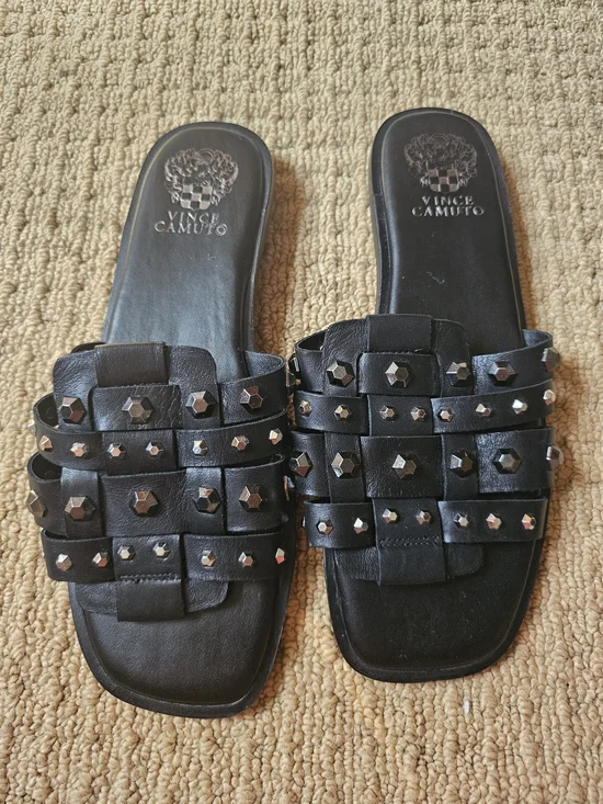 Vince Camuto Black Woven Studded Leather Slide Sandals