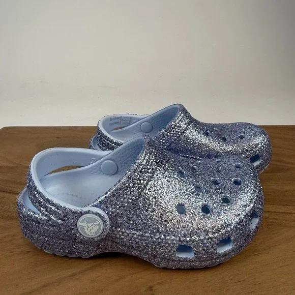 NWT Little Kids Girls Crocs Purple Classic Chunky Glitter Clogs Sandals Size 9 C