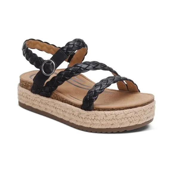 NEW Aetrex Julia Platform Sandal in Black Braided Leather NIB Arch Support, Boho