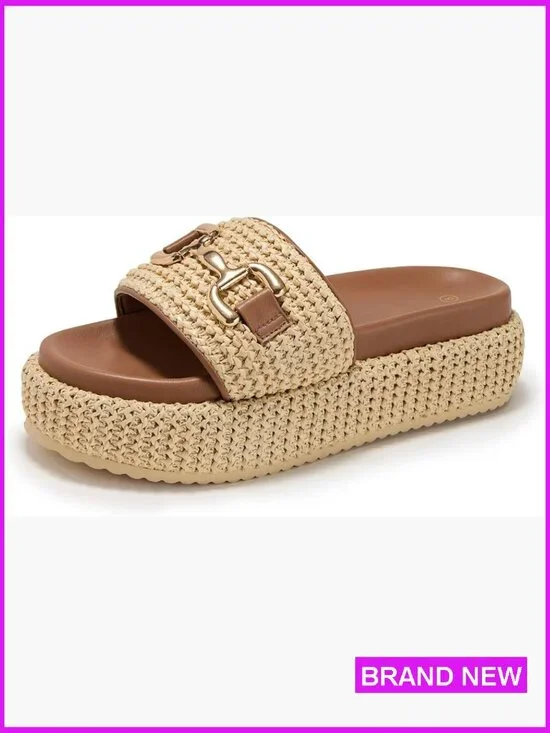 Raffia Platform Sandals Boho Open Toe Espadrilles Woven Straw Slides Summer