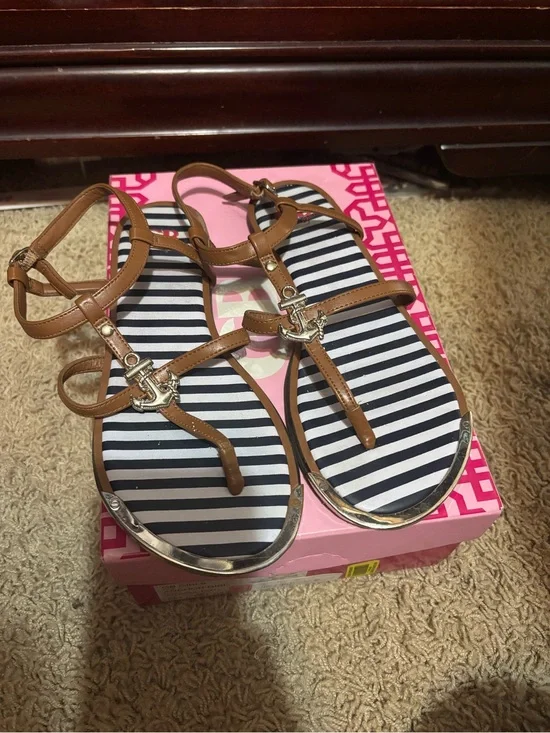 Gianni Bini Striped Navy & White Sandals with Tan Straps