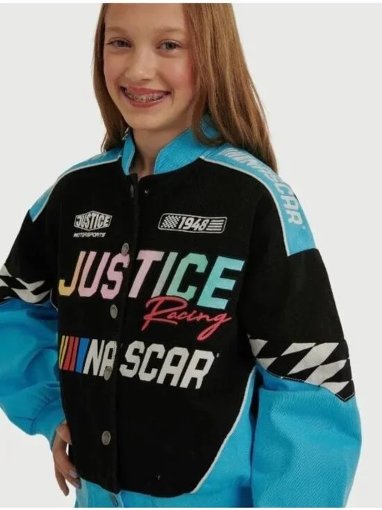Justice X NASCAR Girls Racing Jacket Black & Blue Snap Buttons Colorful Graphics