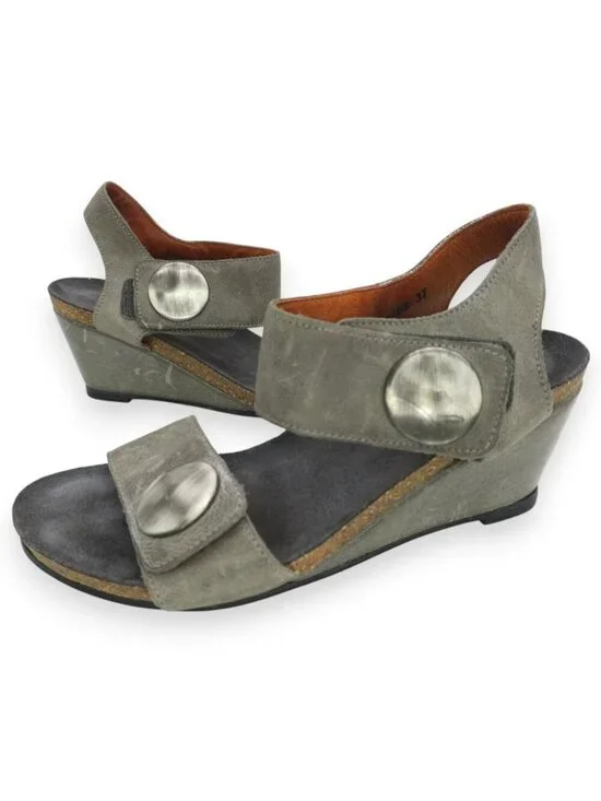 Taos Carousel Gray Leather Wedge Ankle Strap Sandals Women's 6-6.5 US EUR 37