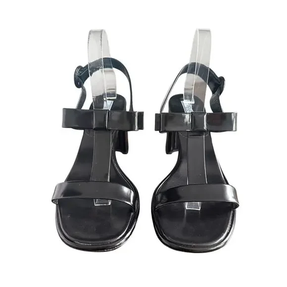 Prada Black Patent Leather T Strap Bow Open Toe Block Heel Sandals 40