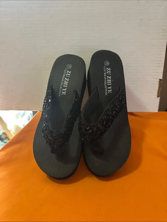 Zuzahin Black Beaded Wedge Flip Flops - Women