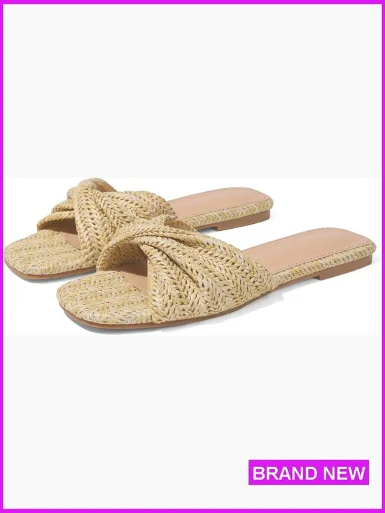 Straw Woven Raffia Flat Sandals Slip On Slides Comfort Square Toe Beach Dressy