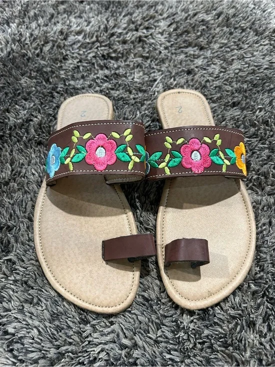 Brown Floral Embroidered Slide Sandals for Women