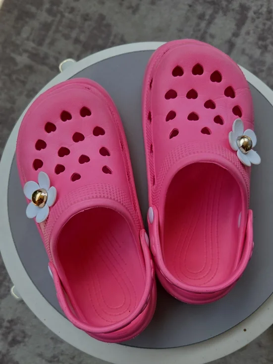 Kids Pink Heart-Cut Clog Sandals with Flower Accent