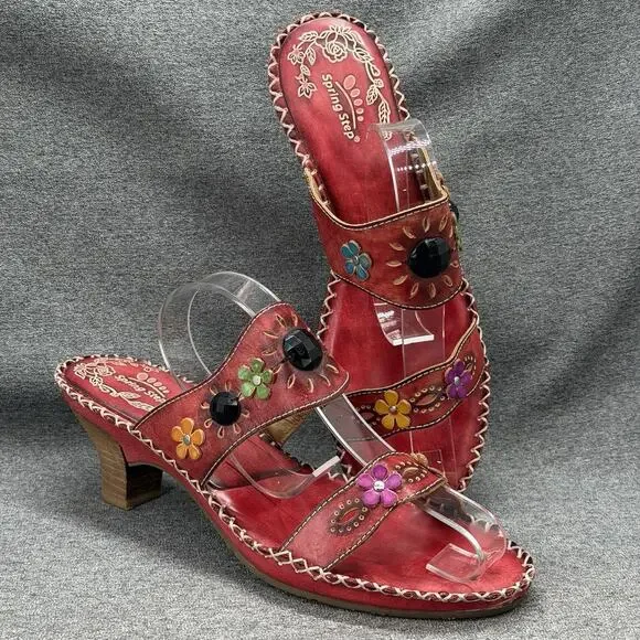 Spring Step Red Leather Floral Wedge Sandals Size 42 Beaded Applique D-Via-R