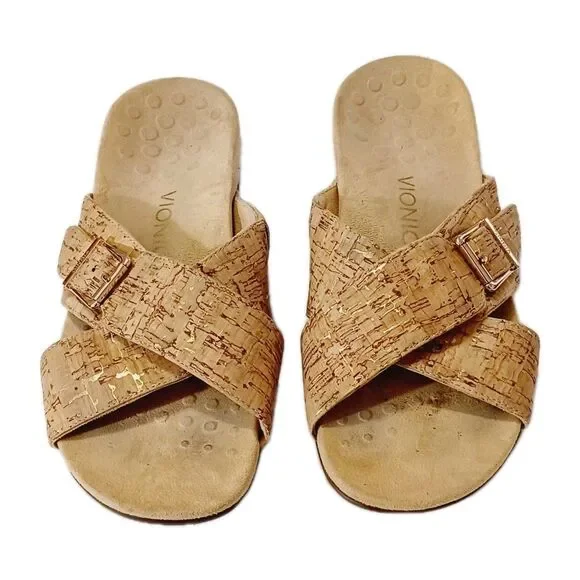 Vionic Cork-Textured Cross Strap Slide Sandals in Tan with Gold Buckles