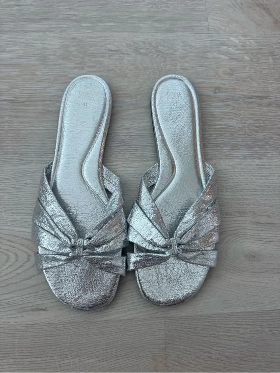 Zara Metallic Silver Knot-Front Slide Sandals for Women
