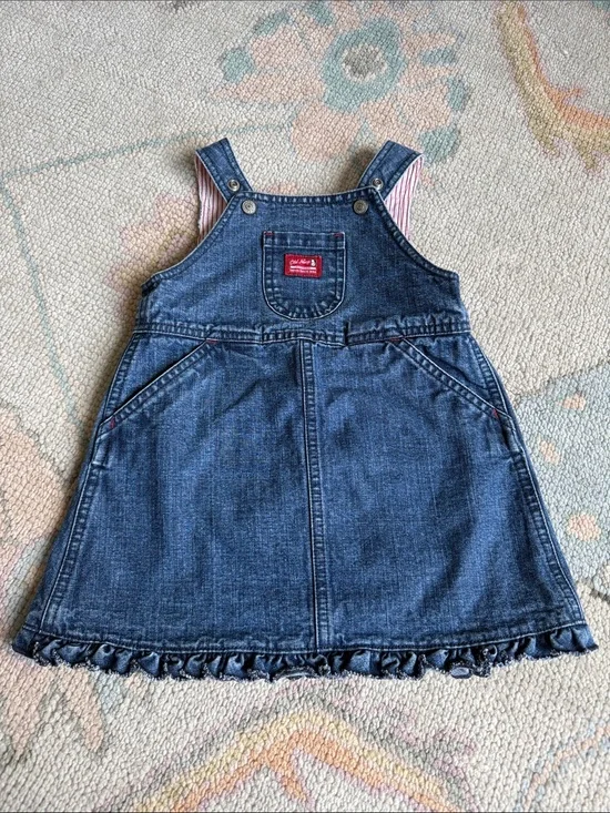 Old Navy Dark Blue Denim Overall Dress with Red Logo Patch