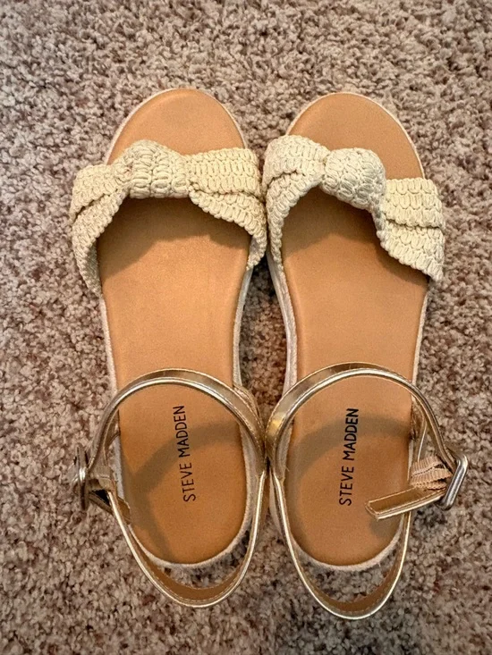 Steve Madden Cream Braided Strap Sandals with Metallic Ankle Strap