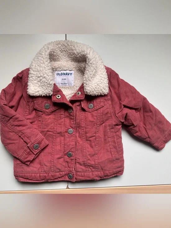Old Navy Sherpa Lined Rose Mauve Pink Corduroy Trucker Jacket Snaps 12-18m