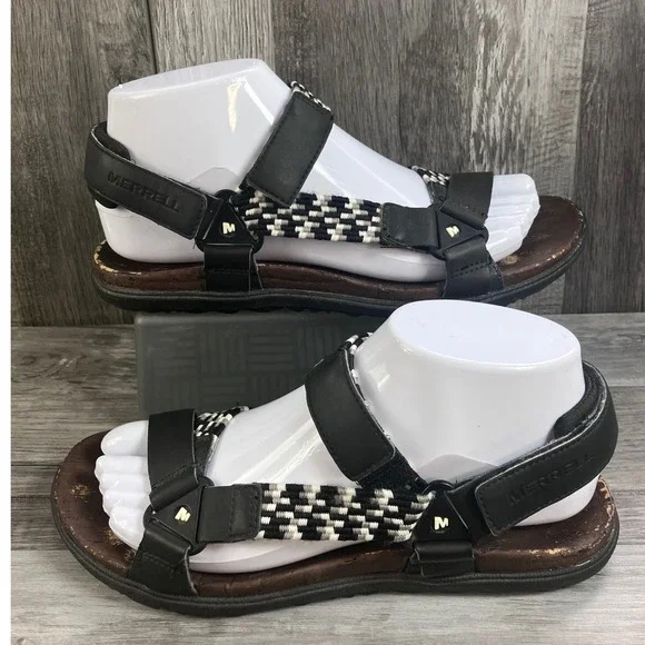 Merrell Womens Black White Checkered Leather Strappy Sandals J94148 Size 7