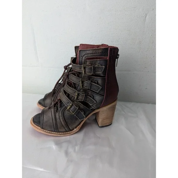 Freebird Women's Sz US 9 Braeden Brown Leather Strappy Booties‎ Steven Peep Toe