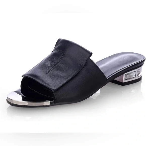 NEW Black Sandal Slides w/ Crystal Heels Size 9