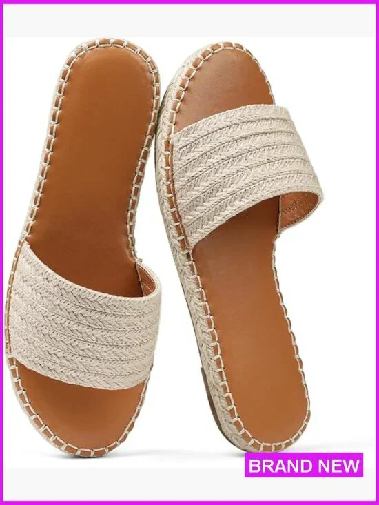 Woven Raffia Slide Sandals Espadrille Style Dressy Summer Slip On Open Toe Flats