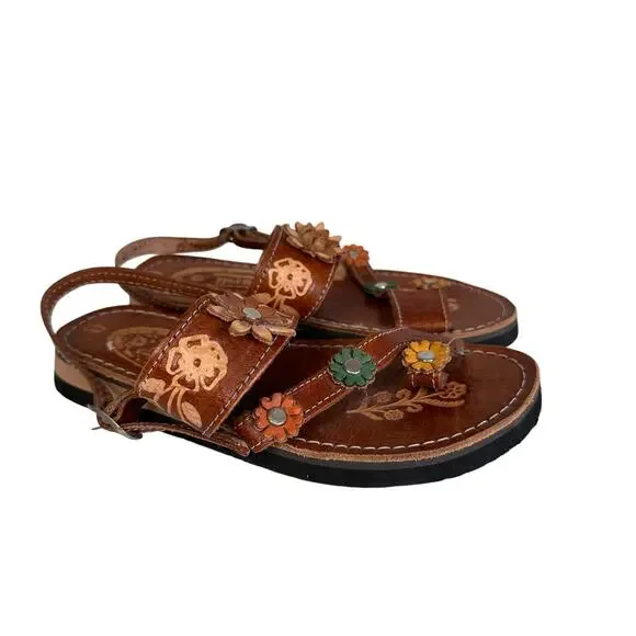 Artisanries D'Mitzy Huaraches Sandals Kids US Sz 0 Brown Leather Embossed Floral