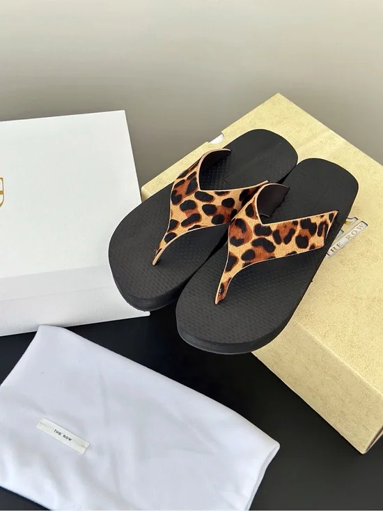 The Row Leopard-Print Thong Sandals with Black Footbed
