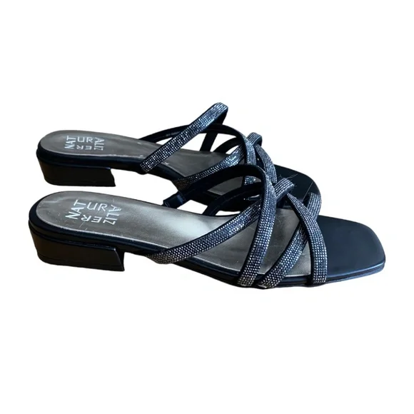 Naturalizer Black Strappy Slide Sandals with Sparkle Detail