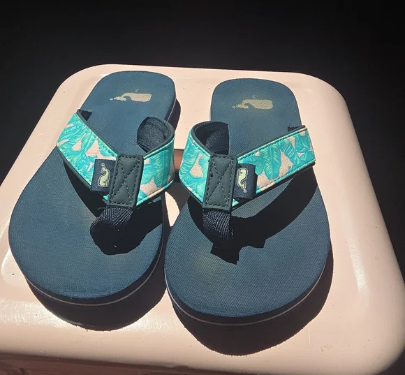 Vineyard Vines Kids Teal & Navy Flip Flops with Whale Logo
