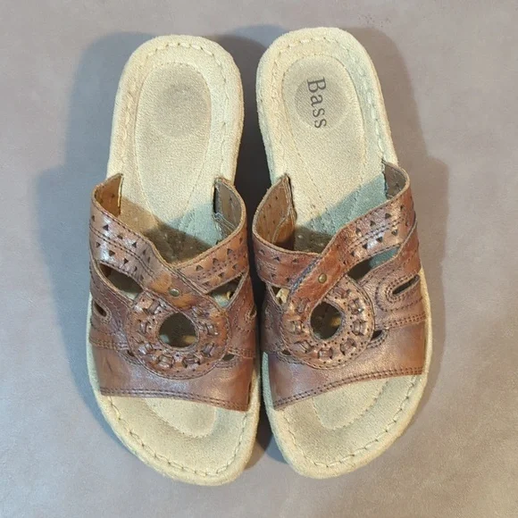 Bass Goldie Leather Wedge Sandal Womens 6M Brown Open Toe Slip on