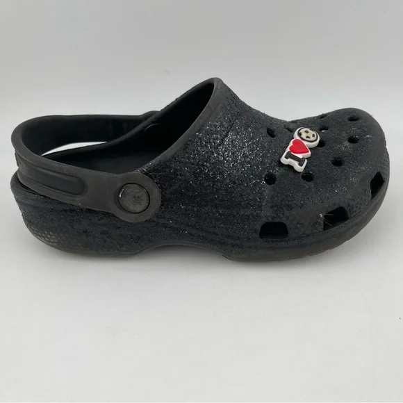 Crocs Unisex Kids Classic Black Glitter Clog Mules Shoes - Size 1 Youth