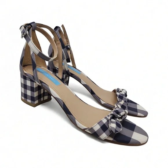 Draper James Gingham Block Heel Sandals Open Toe Knot Ankle Strap Size 8.5