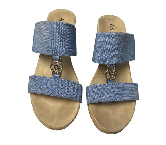 Anne Klein Reese Blue Canvas Wedge Cork Sandals Women's Size 7