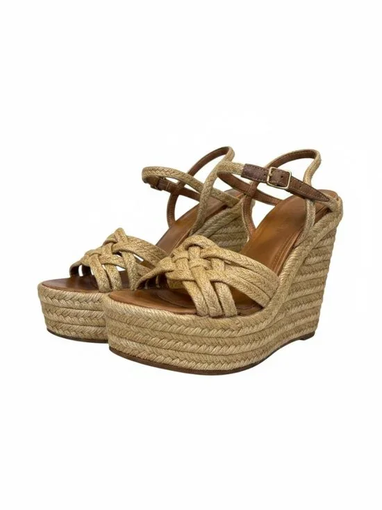 Saint Laurent Tribute Beige Braided Jute Platform Wedge Sandals 36 6