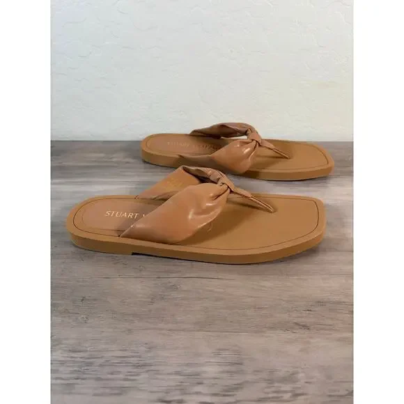 Stuart Weitzman‎ Goldie Knot Tan Leather Square Toe Thong Sandals Womens 10.5B