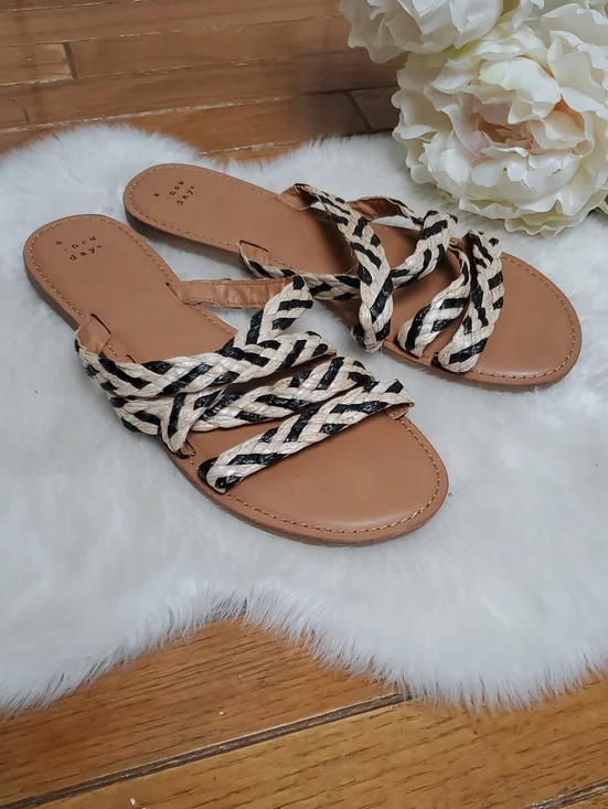 a new day Tan Footbed Braided Slide Sandals with Black and Tan Straps