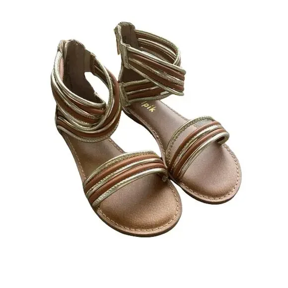 kidpik Girls Sandals Size 2‎ Gold Brown Gladiator Style Back Zip Strappy