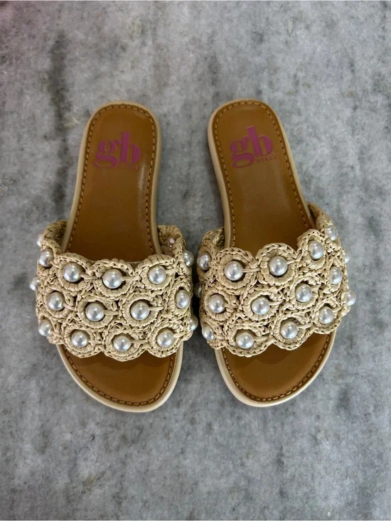 GB Girls Tan Crochet Slide Sandals with Pearl Accents Size 11M